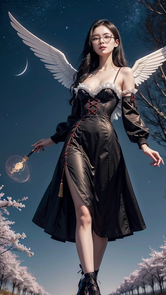 painting of a beautiful attractive slender Chinese woman, long wavy black hair, black eyes, vintage glasses, v-neck Victorian dress, maple-colored bodice with black laces, red skirt, white gloves, angelic white wings, staff with carved details and a stone in the middle, background a night sky with twilight moon and fireflies cherry trees forest