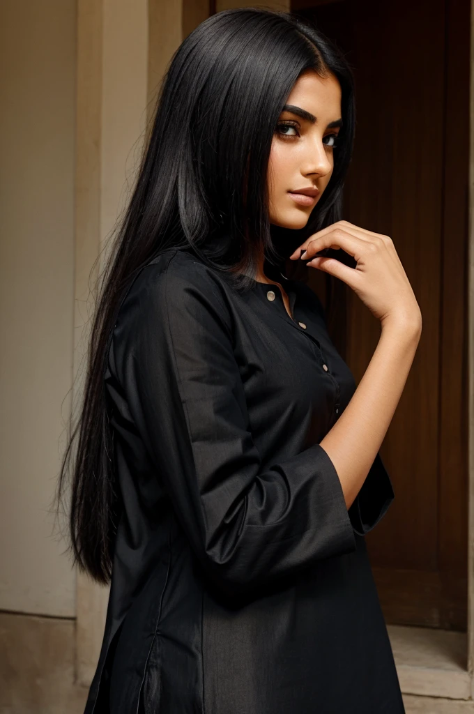 A girl in black kurti hiding her face by her hand, aesthetic, sexy, sassy, animated