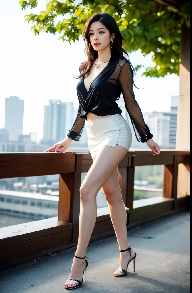 (masterpiece:1.3), (8 thousand, realistic, RAW photos, best quality: 1.4), (1 woman),(sheer silk blouse), (short skirt), (양쪽 다리에 짙은색 realistic 팬티 스타킹), ( wearing Very sexy transparent Ultra-realistic thighhighs), (Wearing high heels on both feet), (full body shot), (outdoors in sunny weather), (walking like a model), (Beautiful makeover), (very beautiful body) , (Realistic and very beautiful face), (long eyelashes), (double eyelid), (Very beautiful eyes, realistic and delicate), (big bust) , (Strong body through exercise), (beautiful abs), (Beautiful heaps), (tall), (realistic face), (black hair. parted, long hair:1.3), (아름다운 parted스타일), (realistic and beautiful skin), (absurd), (attractive), (ultra high resolution), (extremely realistic), (very detailed), (golden ratio), (Two long, realistic and beautiful legs), (realistic 팔), (necklace), (earring),(beautiful nails manicure), (So beautiful and sexy), (perfect secretary look)