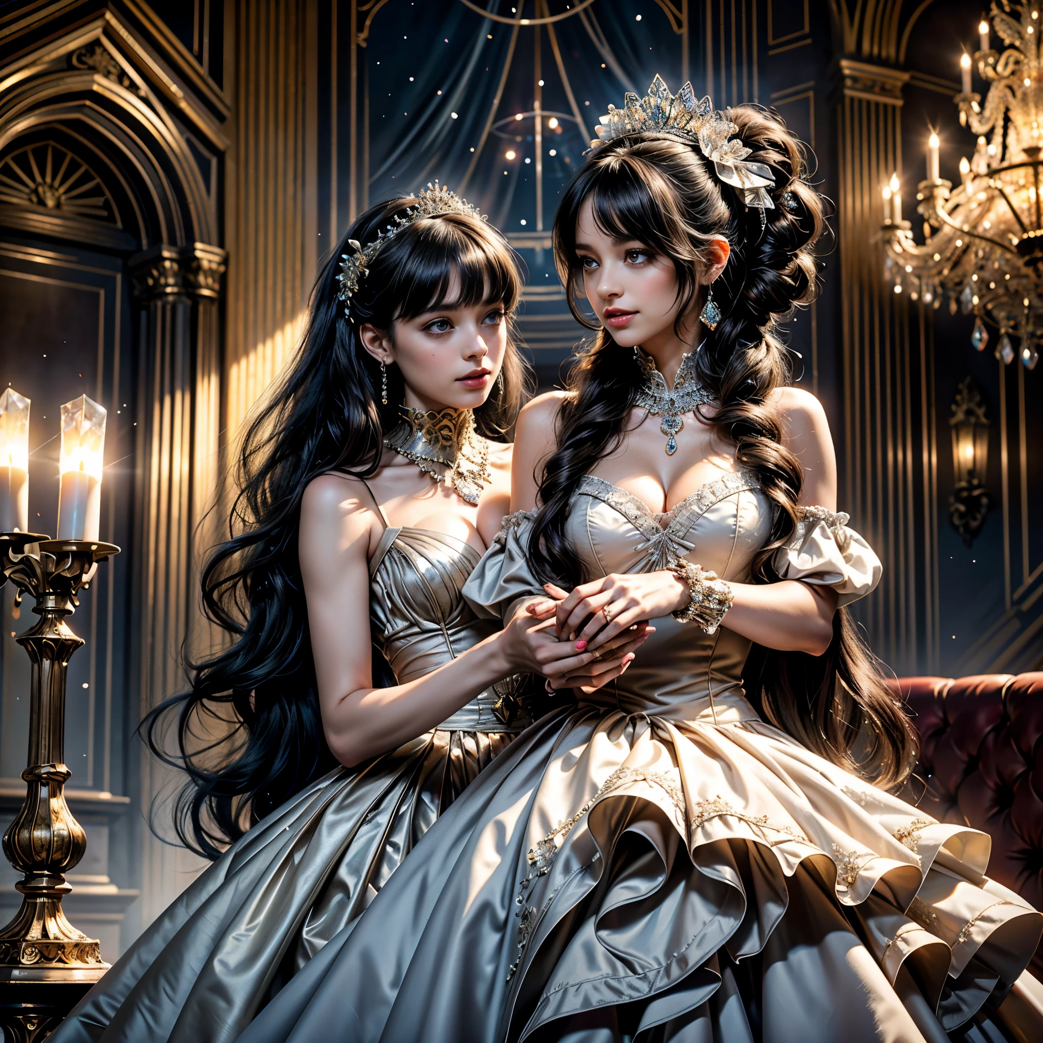 Dramatic composition, court-style dresses, royal, gorgeous, cascading frills, ruffles, bows, crystal chandeliers, Roman curly hairstyles, ponet, double ponytails like drills, look at the camera, bangs, maximalism, palatial background, delicate portrayal of hair and eyes, princess dresses, gorgeous skirts, flowers in hand, smiles, starry eyes, cinematic light, extreme detail, high definition, happy girl, very long hair, diamonds, broken diamonds, crystal fragments, light particles