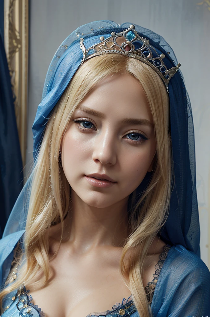 Blond-haired woman wearing blue dress with veil and veil on her head., Beautiful lady de fantasía, detailed fantasy art, beautiful fantasy art, blonde hair princess, Artgerm and ArtStation Pixiv, Beautiful lady, ((a beautiful fantasy empress)), 2. 5d cgi anime fantasy artwork, fantasy art style, detailed digital anime art, fantasy style art.