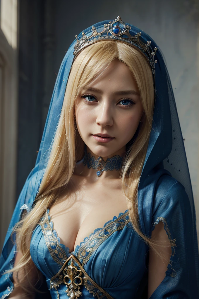 Blond-haired woman wearing blue dress with veil and veil on her head., Beautiful lady de fantasía, detailed fantasy art, beautiful fantasy art, blonde hair princess, Artgerm and ArtStation Pixiv, Beautiful lady, ((a beautiful fantasy empress)), 2. 5d cgi anime fantasy artwork, fantasy art style, detailed digital anime art, fantasy style art.