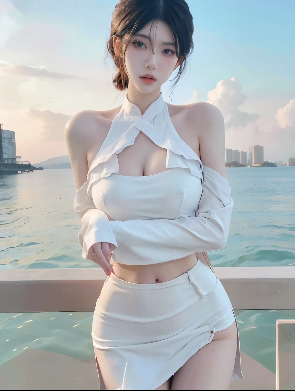 Beautiful woman with perfect figure:1.4，beach，Layered Hairstyle，White skin，Prominent cleavage，White bikini:1.5，White ultra-short pleated skirt，whole body，Very delicate face and skin texture，Double eyelids，Skin Whitening，Long white hair