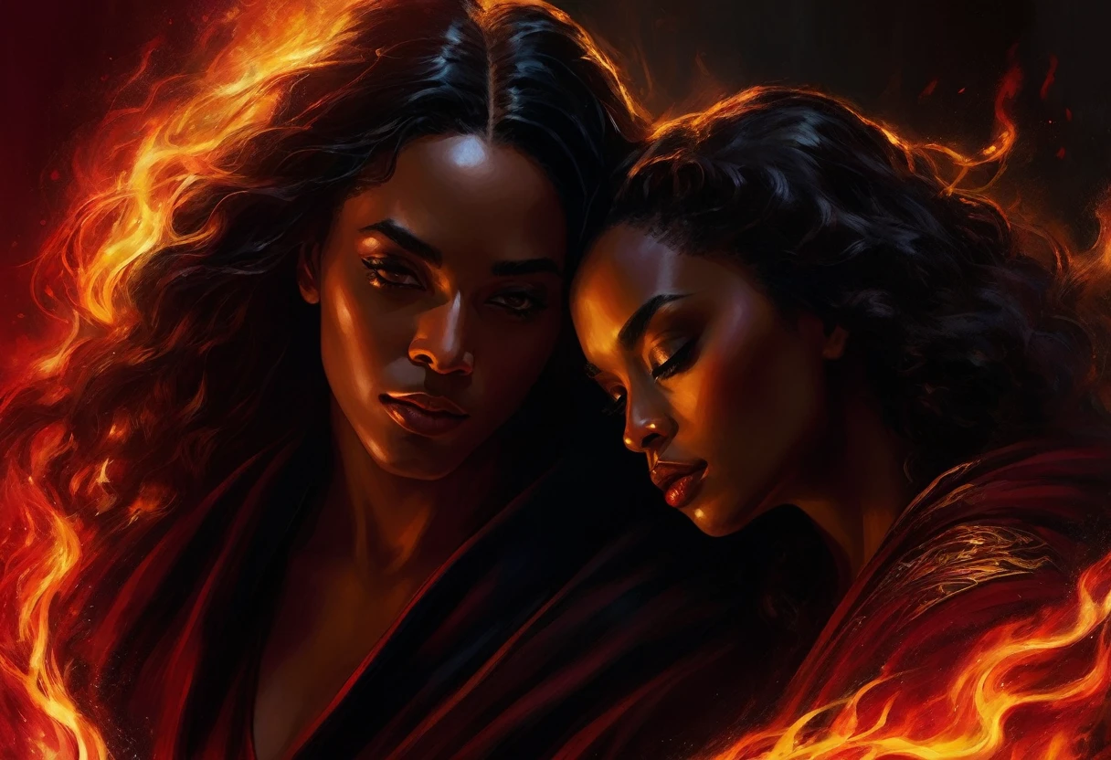 - Scene: Create an image of two people in love in a setting of mystery and passion.
- Woman's Appearance:
- Resembles Beyoncé
- Brown skin
- Long, golden blonde curly hair
- Confident and seductive expression
- Wearing a red dress, elegant and form-fitting
- Lips painted a deep, intense red
- Man's Appearance:
- Resembles Severus Snape
- Pale skin
- Large nose
- Black, straight hair falling around his face in a somber manner
- Serious and intense expression
- Wearing a black cloak, contrasting with the flames around them
- Atmosphere:
- Surrounded by flames, creating a mystical and fiery ambiance
- Soft lighting highlighting their faces, enhancing the sparkle in their eyes
- Flames adding an element of intensity and mystery to the scene
- They are close to each other, gazing intensely into each other's eyes, exuding a strong emotional connection