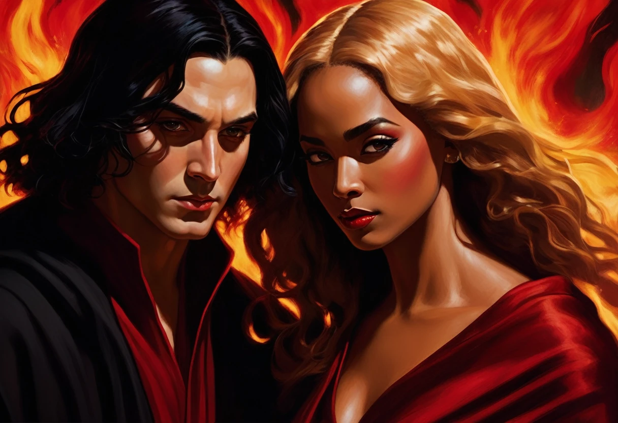 ### Scene: Create an image of two people in love in a setting of mystery and passion.
**Woman's Appearance:**
- Resembles Beyoncé
- Brown skin
- Long, golden blonde curly hair
- Confident and seductive expression
- Wearing a red dress, elegant and form-fitting
- Lips painted a deep, intense red
**Man's Appearance:**
- Resembles Severus Snape
- Pale skin
- Large nose
- Black, straight hair falling around his face in a somber manner
- Serious and intense expression
- Wearing a black cloak, contrasting with the flames around them
**Atmosphere:**
- Surrounded by flames, creating a mystical and fiery ambiance
- Soft lighting highlighting their faces, enhancing the sparkle in their eyes
- Flames adding an element of intensity and mystery to the scene
- They are close to each other, gazing intensely into each other's eyes, exuding a strong emotional connection