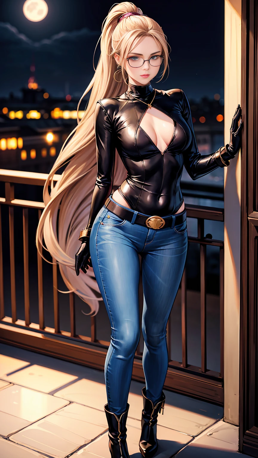 Beautiful woman with long straight wavy ponytail blond hair with blue eyes wearing Tight Jeans With Leather Belt, Pink Sexy Criss Cross Mock Neck With Long Sleeves Blouse With Phoenix Prints, luxurious jewelry and luxurious necklace, rimless glasses, pointless gloves, high heel boots, standing in a balcony at night of full moon, (caucasian skin), (light brown lipstick), (elegant mascara), (slim body with abs), (small breasts), (wide hips), midjourney, <lora:GoodHands-, <lora:GoodLegs-, UHD, high resolution, (masterpiece:1.9, best quality), (expressive eyes, perfect face, full body, expressive face, perfect body, perfect pussy, athletic, fit, slim body, blushing, Perfect makeup, eyeliner, beautiful eyelashes, smiling, horny face), ((best illumination, best shadows)), ((sexy pose))