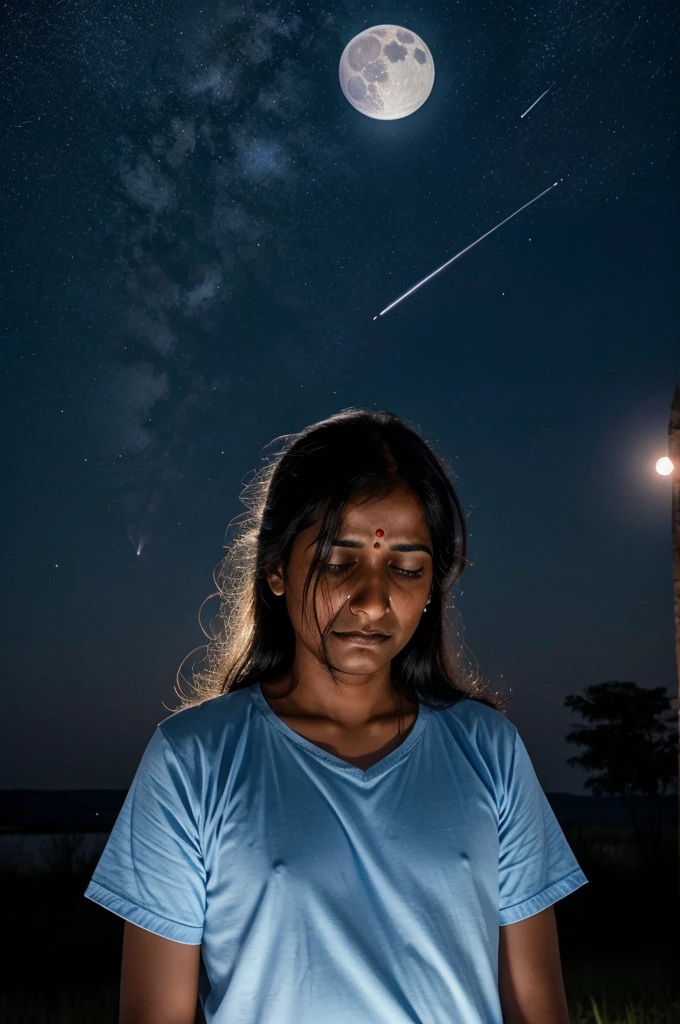 Indian Scientist crying in depression. The background is a night sky with a shining moon. Also add a rocket in the background