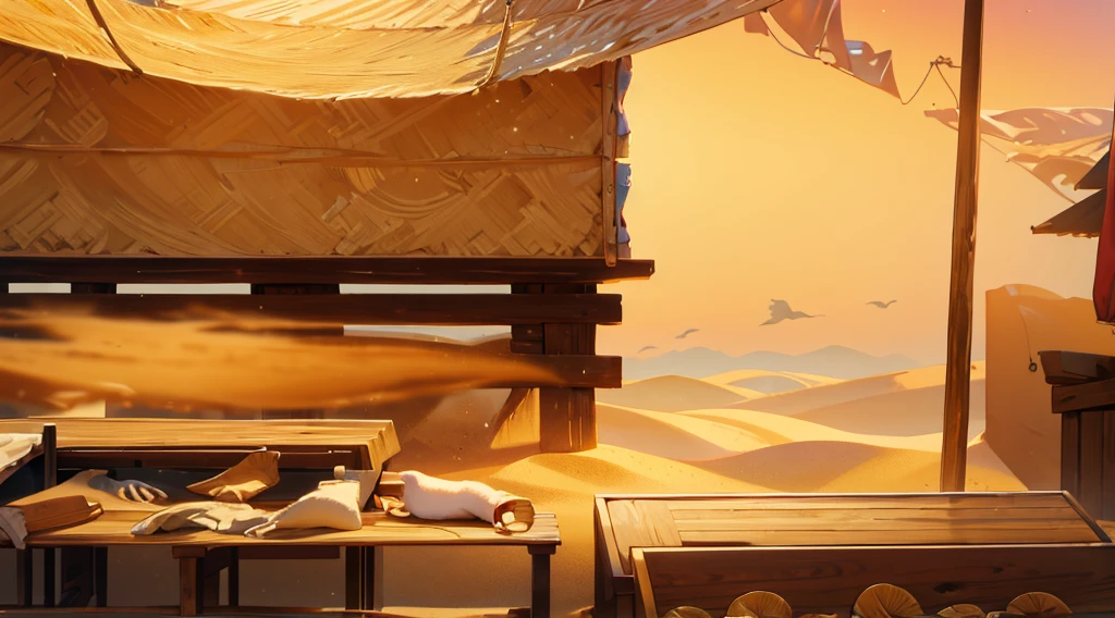 traditional market, market stall, market tens, wooden box, wooden table, ((sand ground, sand hill)), dawn time, early morning, 