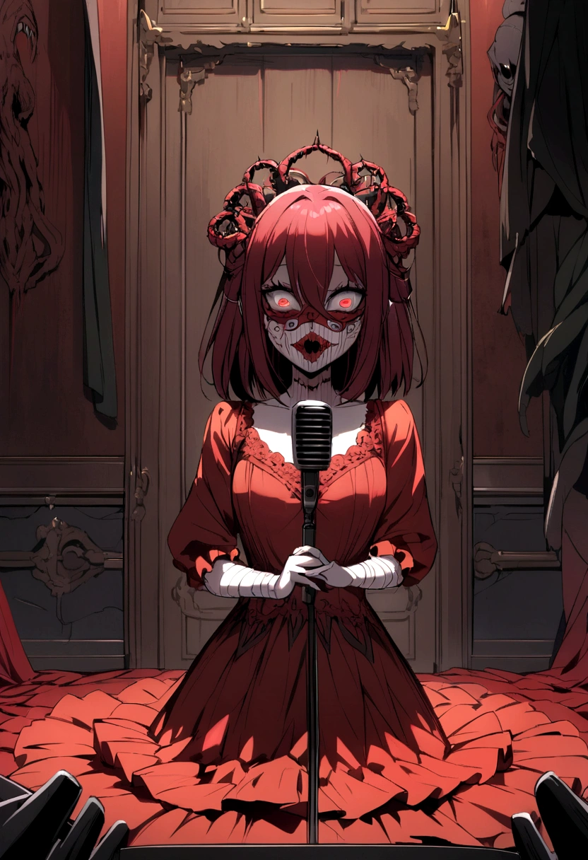 An anime character with dark red hair wearing a mask with terrifying details in a room with terrifying details in front of her with a microphone