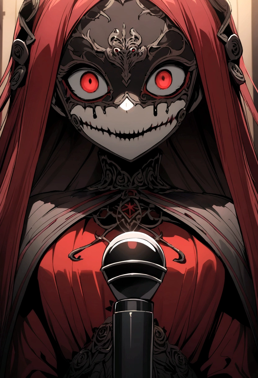 An anime character with dark red hair wearing a mask with terrifying details in a room with terrifying details in front of her with a microphone