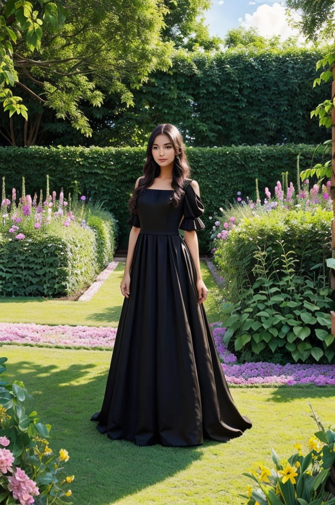 A girl in a black gown standing in a beautiful garden in garden they are so many varieties of flower and plants and the sky is very beautiful shining and rainbow is shining