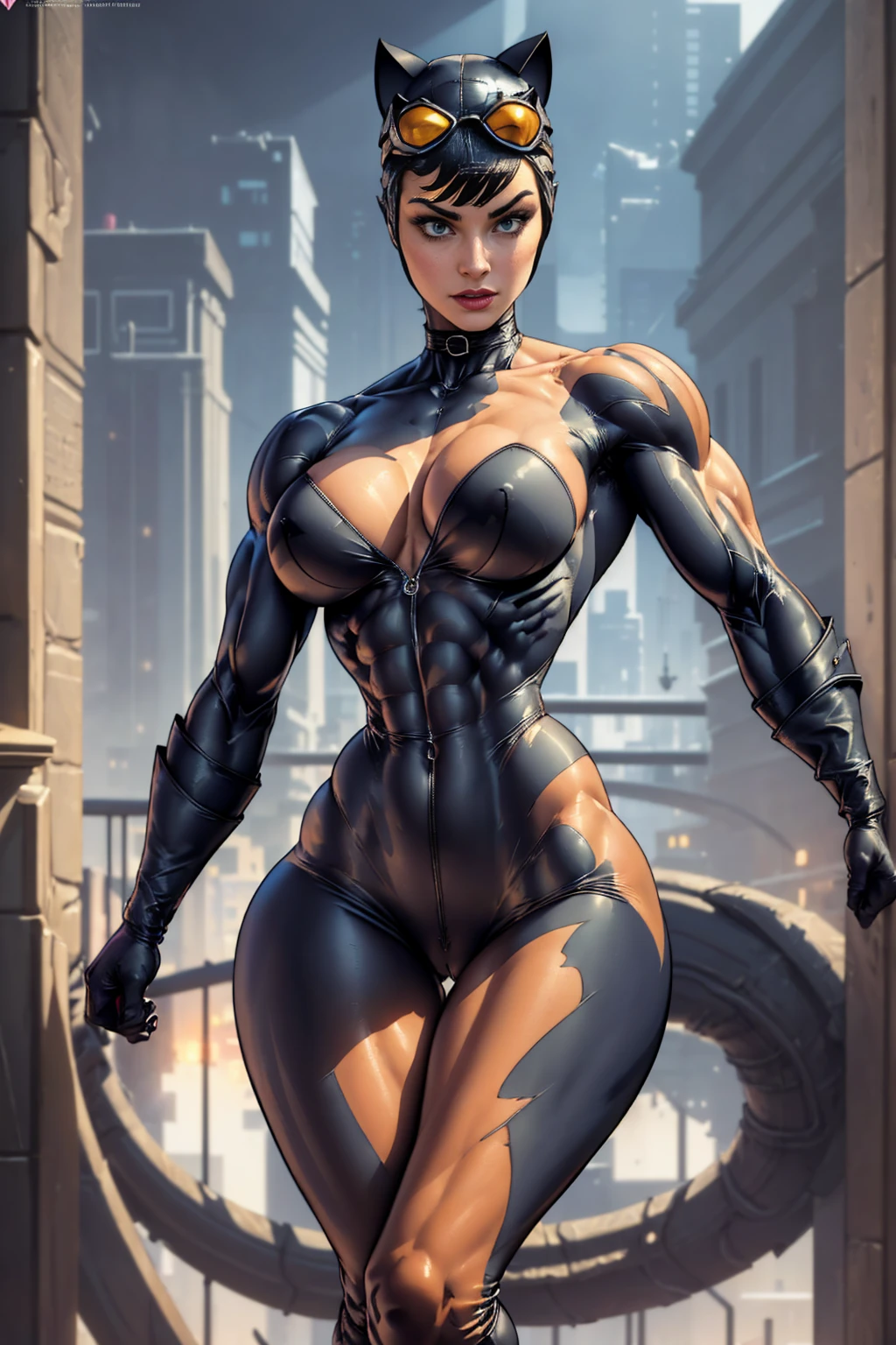 (masterpiece, best quality:1.2), catwoman, 1girl, solo, breasts, (cat ears, goggles, goggles on head), black bodysuit, night, center opening, unzipped, open bodysuit, green eyes, blurry background, perfect hands, perfect fingers, skimpy outfit, (muscular, thick thighs:1.5), upper body view