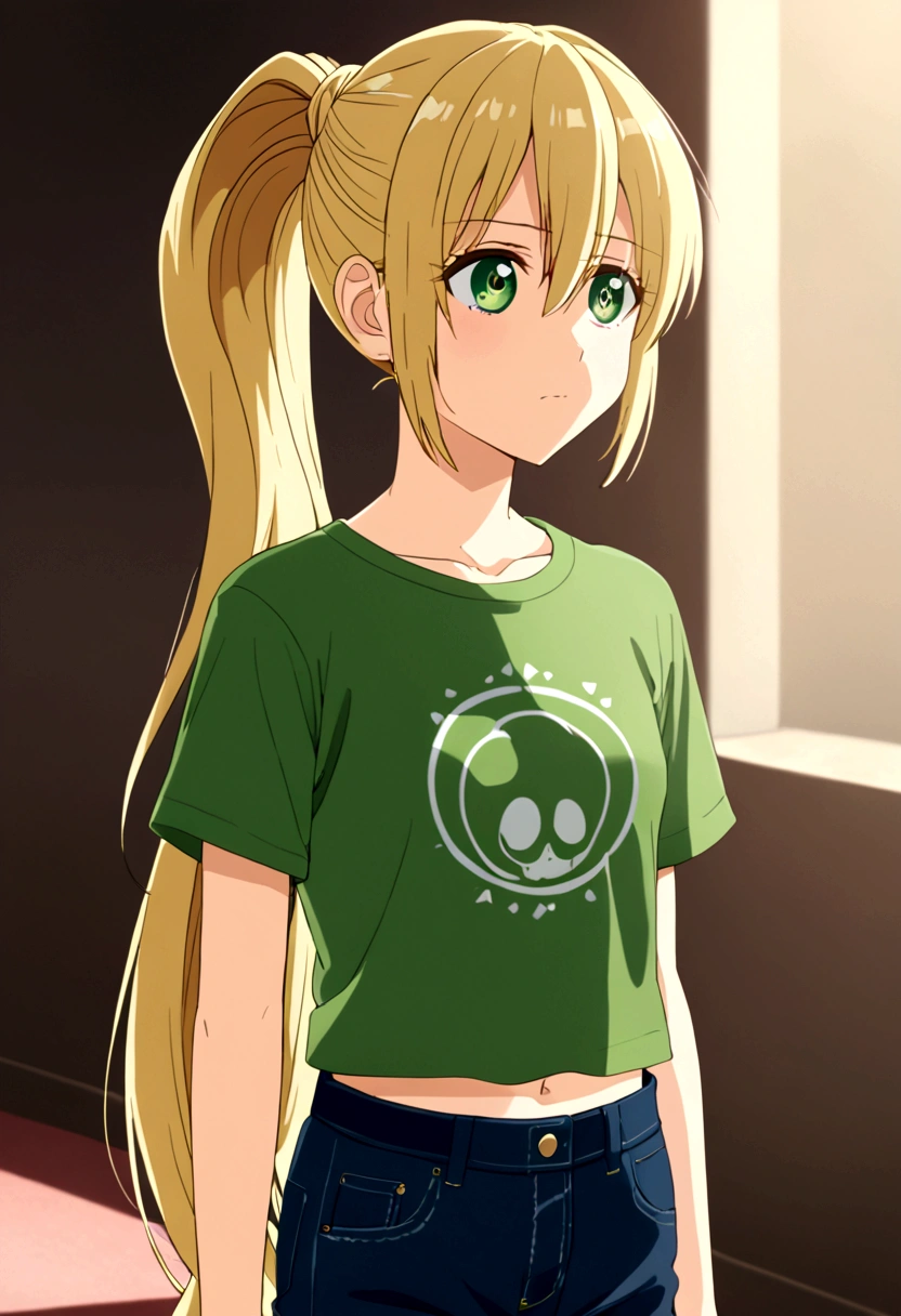 Anime girl whose about 11 years old, had long blond hair paired with green eyes, wearing a cute a green crop-top t-shirt along with dark blue jeans with her hair tied in a ponytail