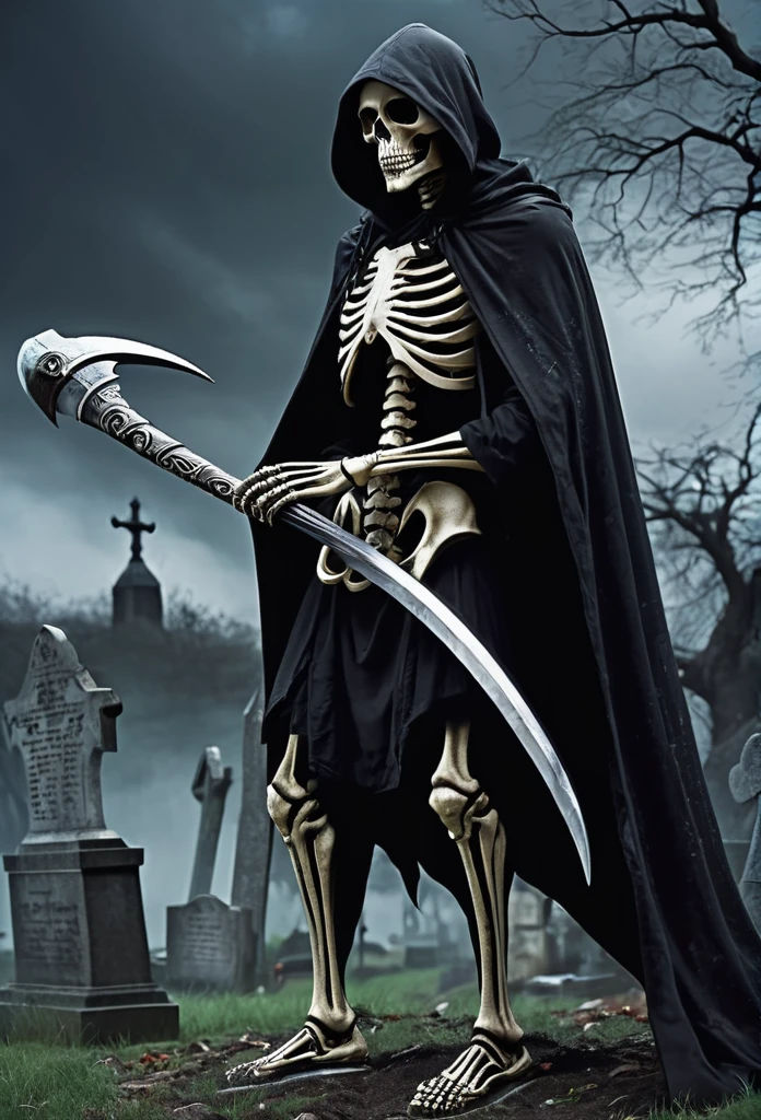 Skeleton with a giant scythe、Wearing a black hood、Slightly looking down、
BRAEK The place stands in the graveyard、It's foggy, the eyes are shadowed and dark.、BRAEK Moonlit night with the tip of the sickle shining、dim