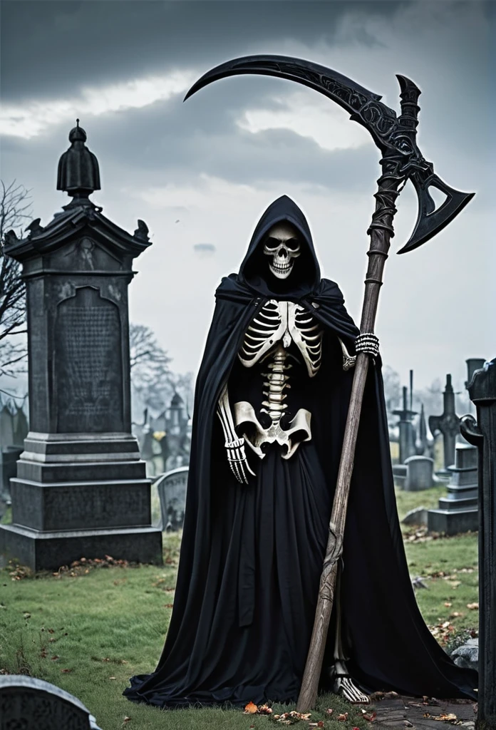 Skeleton with a giant scythe、Wearing a black hood、Slightly looking down、
BRAEK The place stands in the graveyard、It&#39;s foggy, the eyes are shadowed and dark.、BRAEK Moonlit night with the tip of the sickle shining、dim