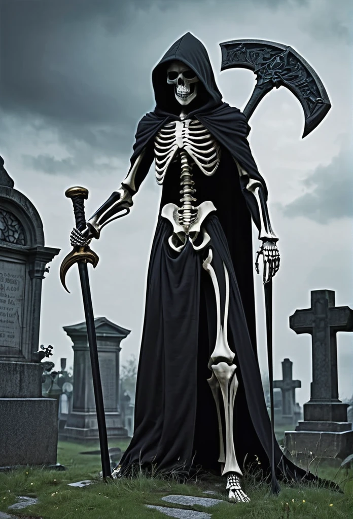 Skeleton with a giant scythe、Wearing a black hood、Slightly looking down、
BRAEK The place stands in the graveyard、It's foggy, the eyes are shadowed and dark.、BRAEK Moonlit night with the tip of the sickle shining、dim