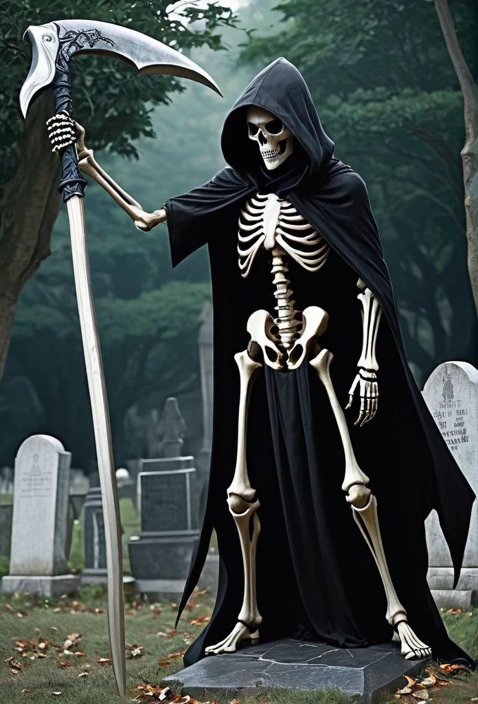 Skeleton with a giant scythe、Wearing a black hood、Slightly looking down、
BRAEK The place stands in the graveyard、It&#39;s foggy, the eyes are shadowed and dark.、BRAEK Moonlit night with the tip of the sickle shining、dim