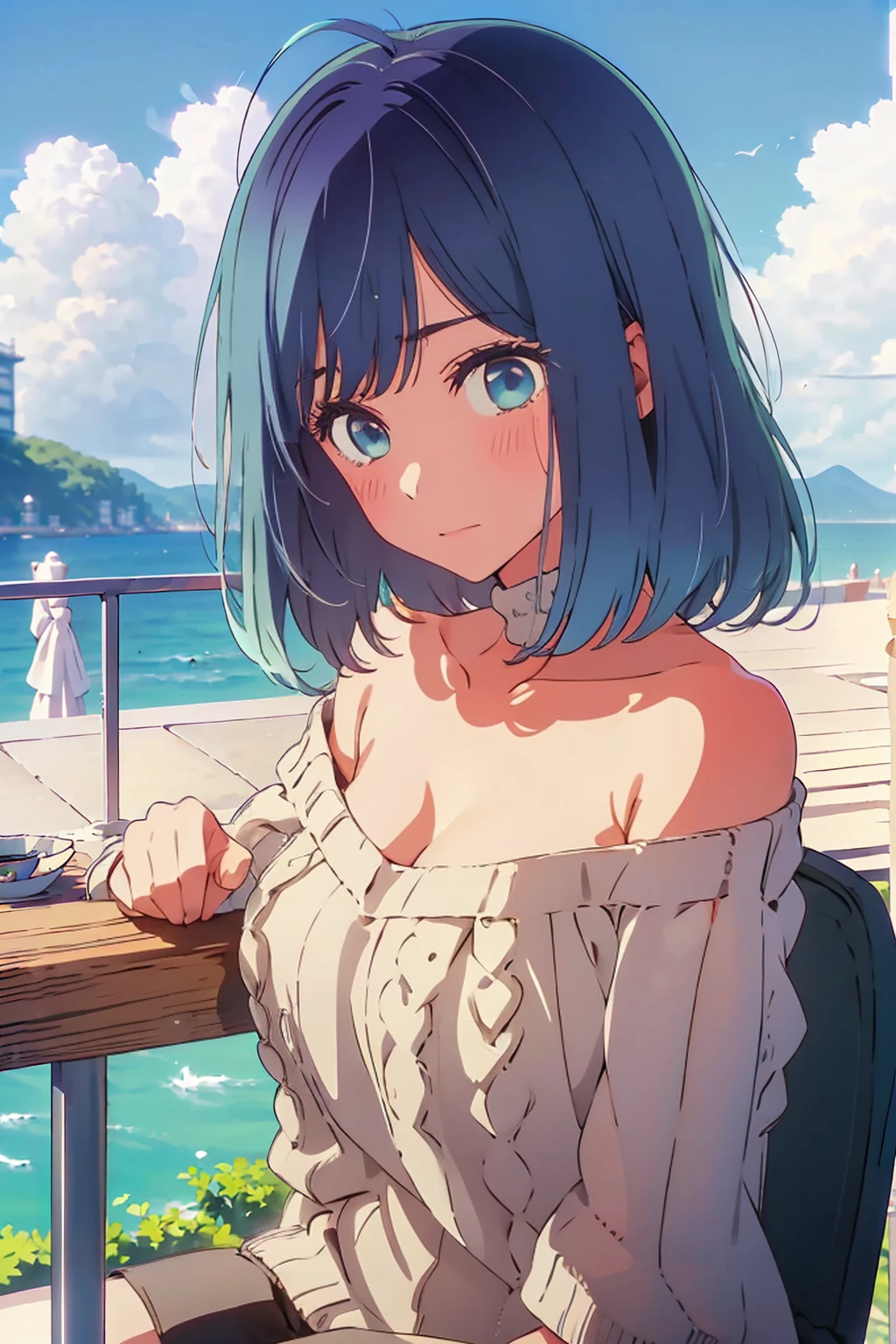 (Highest quality:1.4、8K:1.4、detailed)、F cup bust、Big Breasts、Slim body、Very white beautiful skin、((((1 person、Surprised expression、sit、Chair、In the background are the urban buildings of Tokyo、looking at the camera、Outdoor café terrace、coastal、Navy hair color、juice、Shooting up close、table、Very cute face))))、(Pose of putting hair behind ears with hands:1.4)、((((Areola、Oversized off-the-shoulder sweater))))、nude、Very blue sky、A completely cloudless sky