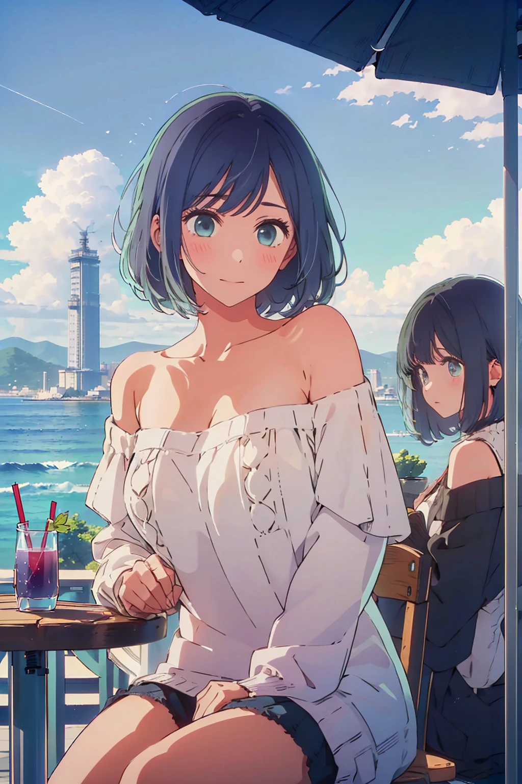 (Highest quality:1.4、8K:1.4、detailed)、F cup bust、Big Breasts、Slim body、Very white beautiful skin、((((1 person、Surprised expression、sit、Chair、In the background are the urban buildings of Tokyo、looking at the camera、Outdoor café terrace、coastal、Navy hair color、juice、Shooting up close、table、Very cute face))))、(Pose of putting hair behind ears with hands:1.4)、((((Areola、Off the shoulder))))、nude、Very blue sky、A completely cloudless sky