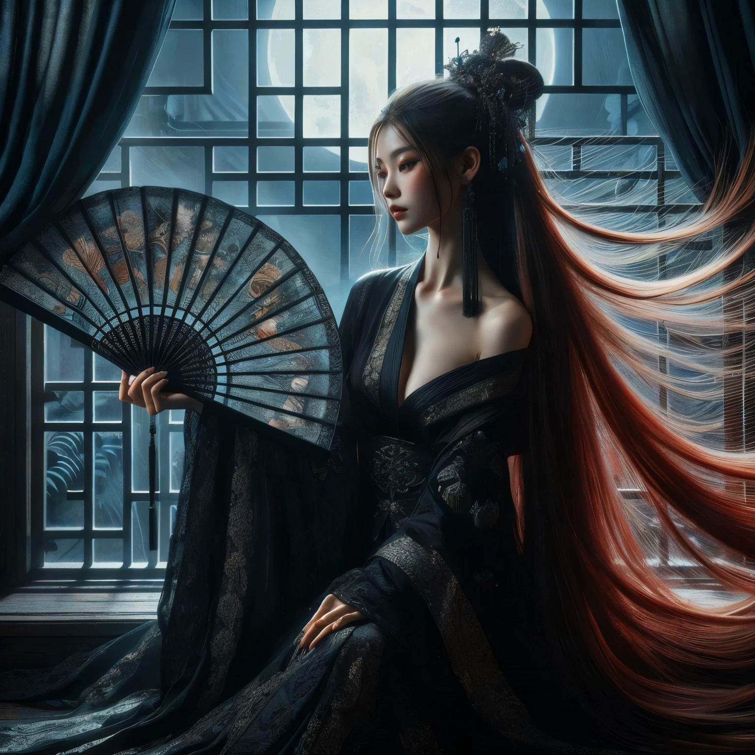 An ultra beautiful Asian woman long red-golden blue hair, holding a very ultra ornate long black ancient lacquered Asian fighting fan, wearing a long black Chinese womans dressing gown, in a darkened room of moonlight streak in through the opened balcony window, Chinese garden, night sky, black ink, in the style of Caravaggio, Fan Zhongzheng, and Da Vinci, 8k resolution, hyperdetailed, photorealistic, an oil painting art style, Sfumato,