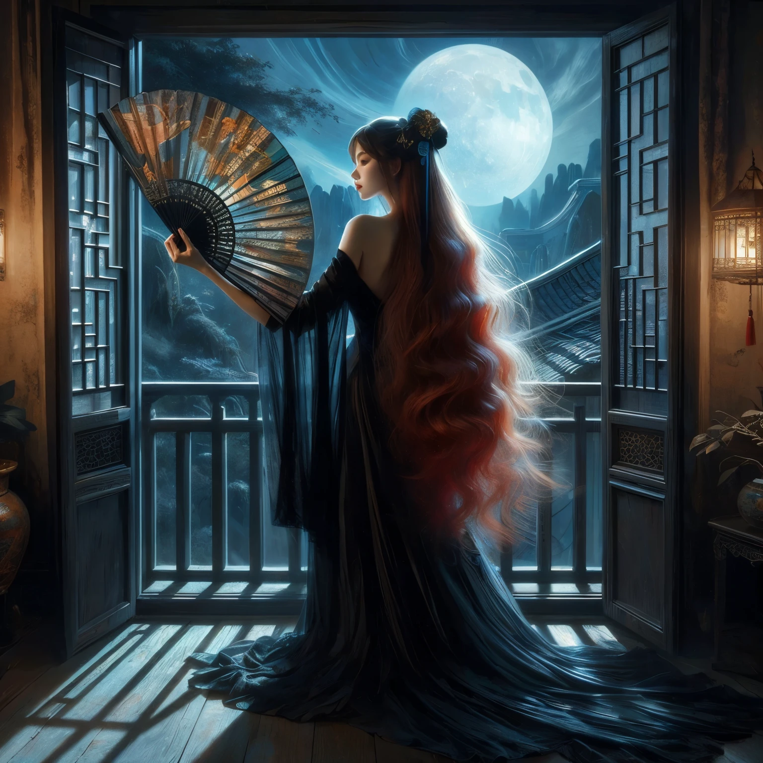 An ultra beautiful Asian woman long red-golden blue hair, holding a very ultra ornate long black ancient lacquered Asian fighting fan, wearing a long black Chinese womans dressing gown, in a darkened room of moonlight streak in through the opened balcony window, Chinese garden, night sky, black ink, in the style of Caravaggio, Fan Zhongzheng, and Da Vinci, 8k resolution, hyperdetailed, photorealistic, an oil painting art style, Sfumato,