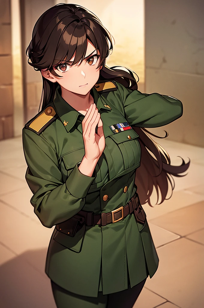 Content:
A black, adult female general with long brown hair and brown eyes. She has a mature face and is wearing a uniform loosely inspired by German military attire. She is saluting the camera with a confident and serious expression, her left hand behind her back.
Medium:
Digital art, anime illustration.
Style:
Pixiv contest winner, fine art, incorporating elements from historical military aesthetics and anime character design to emphasize a confident and mature look. Drawing style references from artists known for their strong, detailed character portrayals like Yoji Shinkawa.
Lighting:
Dramatic, with strong contrasts to highlight her authoritative presence and the details of her uniform. Subtle shadows add depth and realism, emphasizing her serious demeanor.
Colours:
A palette of military greens and browns, with subtle highlights to bring out the texture of the uniform and her facial features. The background is a desert setting, enhancing the military theme.
Composition:
A full-body shot, capturing her mature and confident demeanor. She stands tall and proud, with her right hand raised in a salute and her left hand behind her back. The desert landscape serves as the backdrop, reinforcing her military presence.