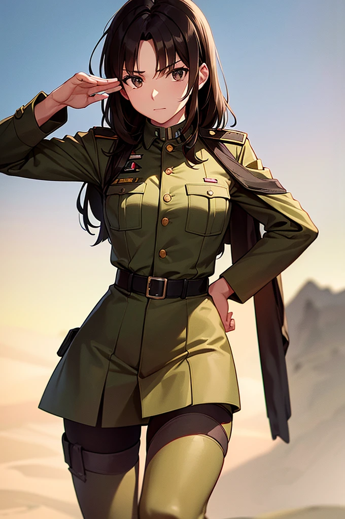 Content:
A black, female general with brown hair and brown eyes. Her uniform takes loose inspiration from German military uniforms, without any medals or a hat. She is saluting to the camera with a confident look in her eyes. She looks serious.

Medium:
Digital art, anime illustration.

Lighting:
Soft, natural lighting to emphasize her features and the details of her uniform, creating a balanced and realistic look.

Colours:
A palette of military greens and browns, with subtle highlights to bring out the texture of the uniform and the character's features. The background is a desert setting.

Composition:
A full-body shot, showcasing the character's mature look. She stands confidently, with her hand raised in a salute, and the desert landscape in the background.