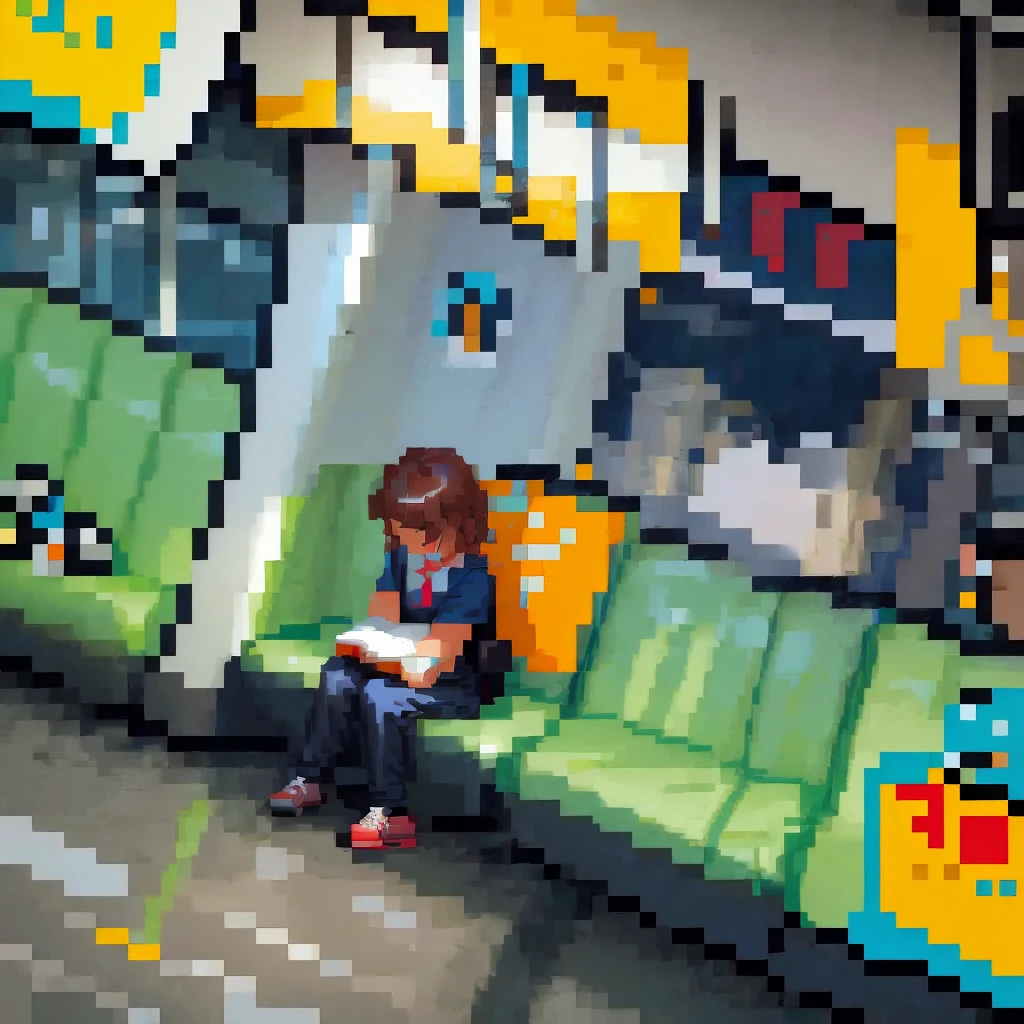 (pixel art_1.1)1female students,The girl in front of me,a girl is Sitting and sleeping on the train,standing on Young man,middle-aged Multiple Salaryman,One office worker is reading a newspaper,pixel art,8bit,NES,