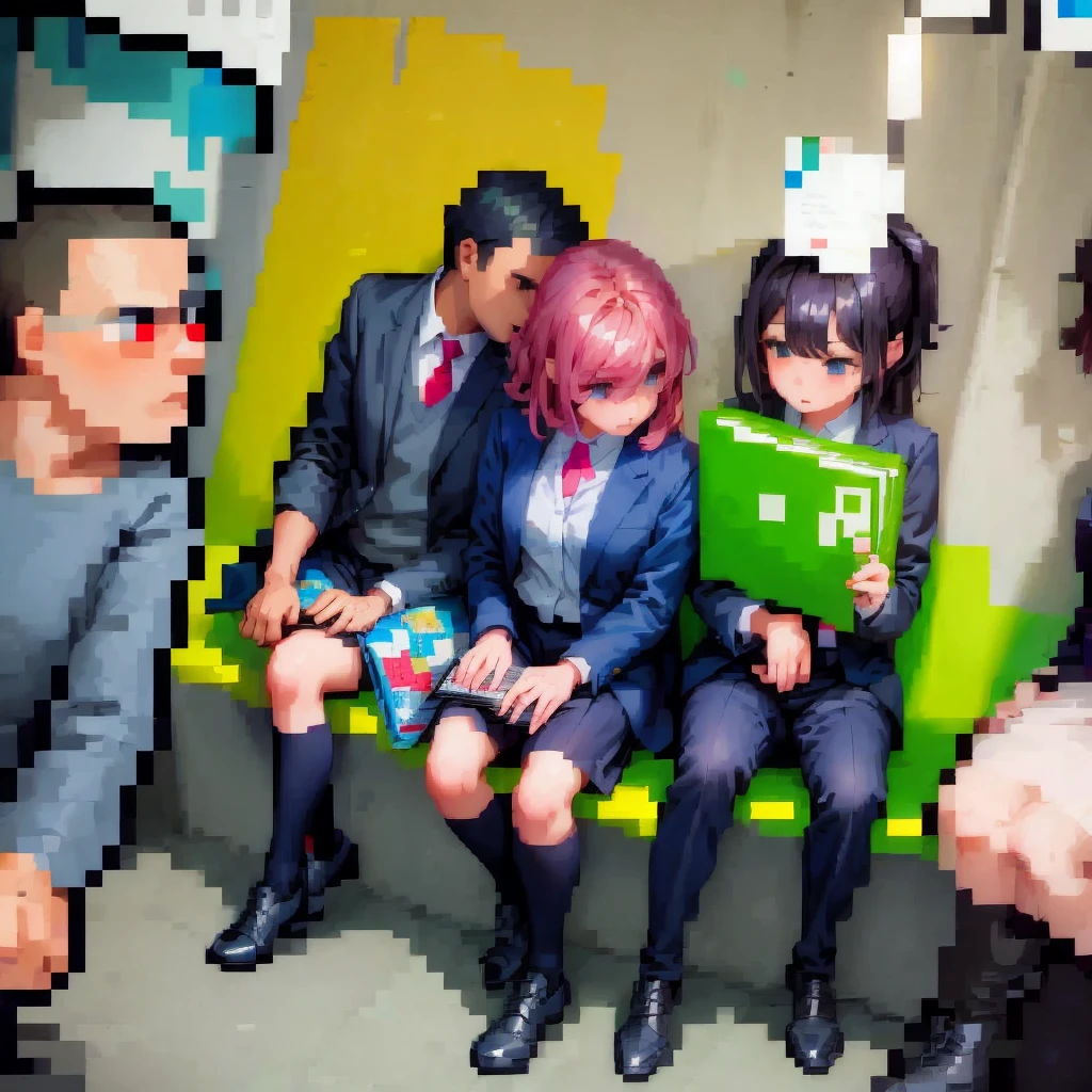 (pixel art_1.1)1female students,The girl in front of me,a girl is Sitting and sleeping on the train,standing on Young man,middle-aged Multiple Salaryman,One office worker is reading a newspaper,pixel art,8bit,NES,