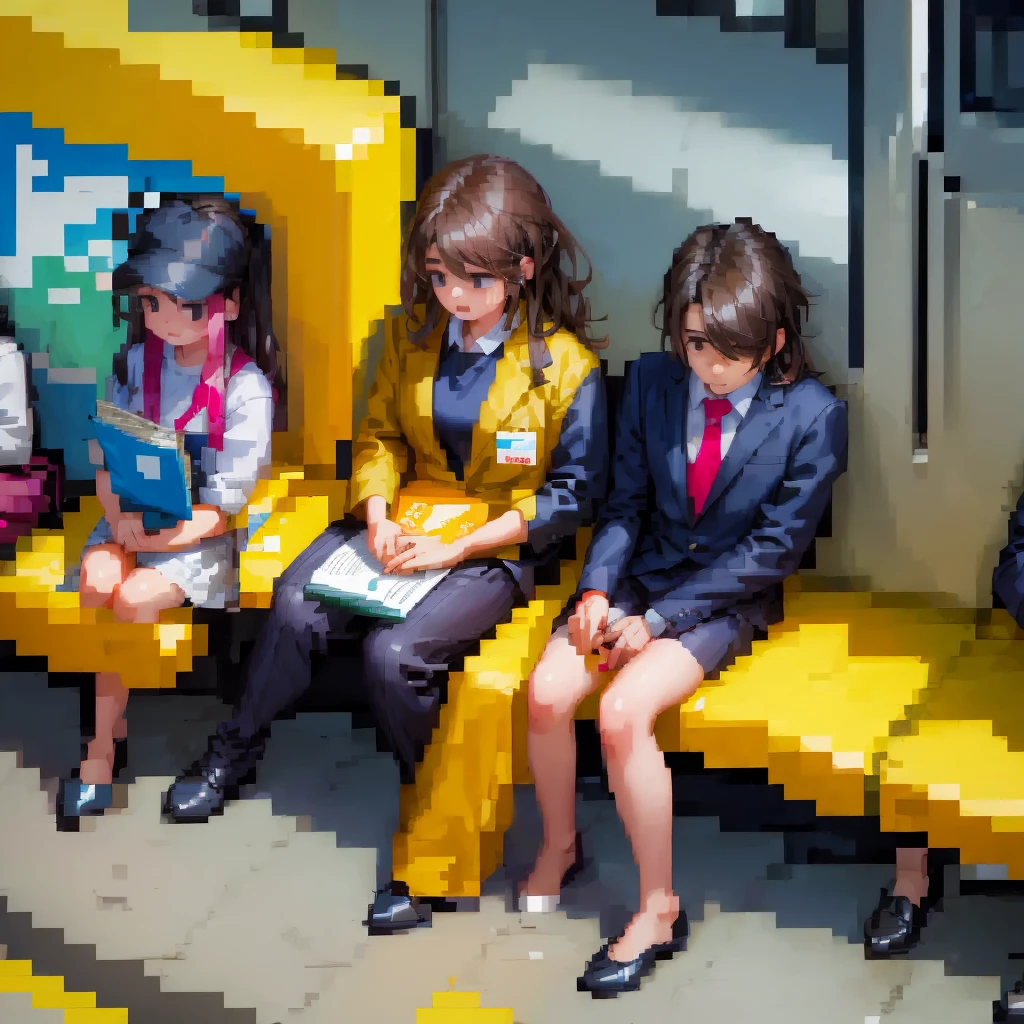 (pixel art_1.1)1female students,The girl in front of me,a girl is Sitting and sleeping on the train,standing on Young man,middle-aged Multiple Salaryman,One office worker is reading a newspaper,pixel art,8bit,NES,