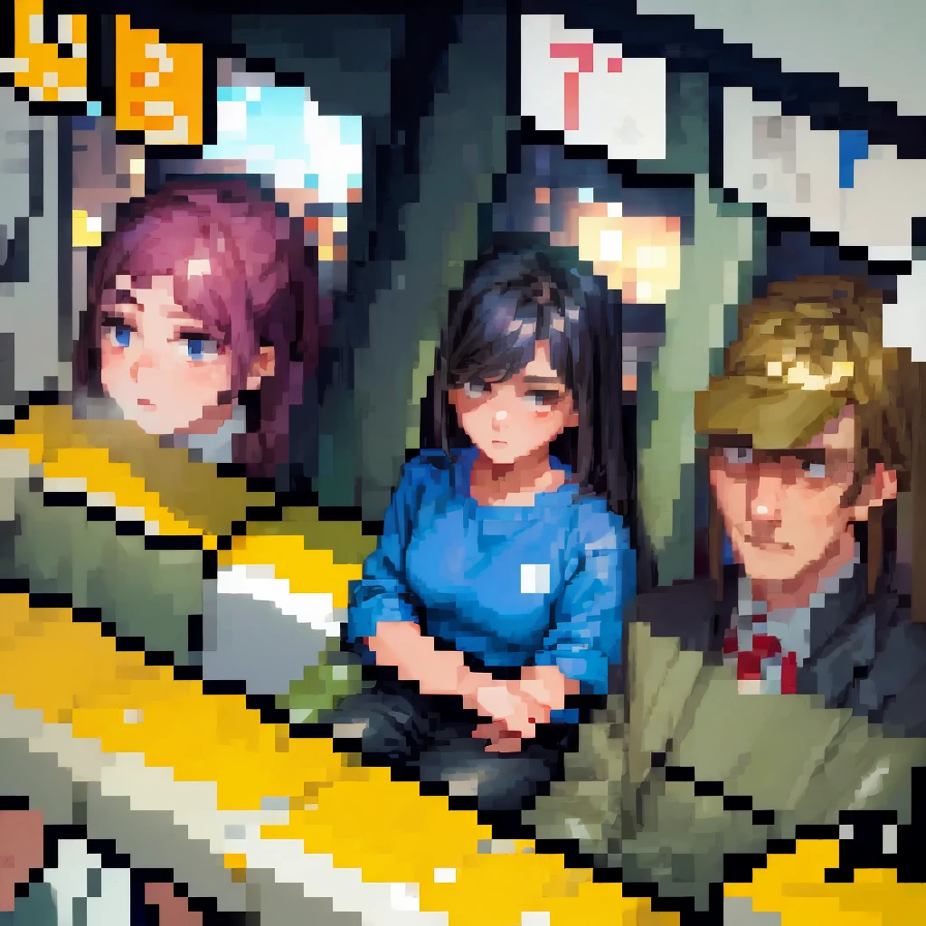 (pixel art_1.1)1female students,The girl in front of me,a girl is Sitting and sleeping on the train,standing on Young man,middle-aged Multiple Salaryman,One office worker is reading a newspaper,pixel art,8bit,NES,