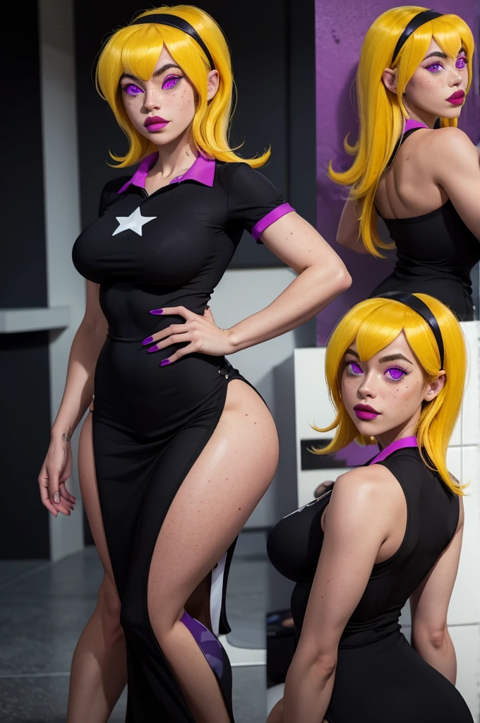 yellow hair, black dress, freckles, lipstick, big , purple eyes, Lucy Mann, big ass, seductive pose, solo, tight outfit