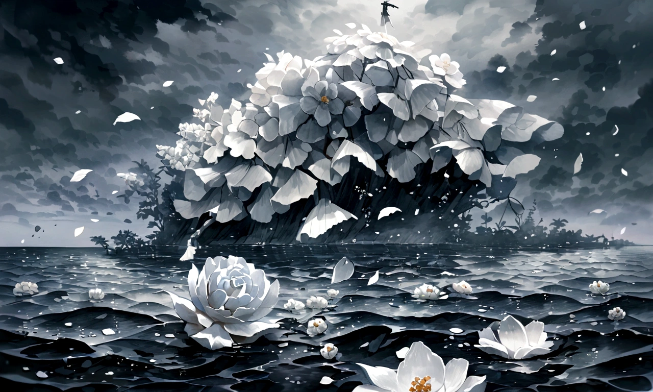 White gardenia petals floating in the sea,Broken petals scattered over the sea,The rain fell on the sea,Dark and gloomy sky