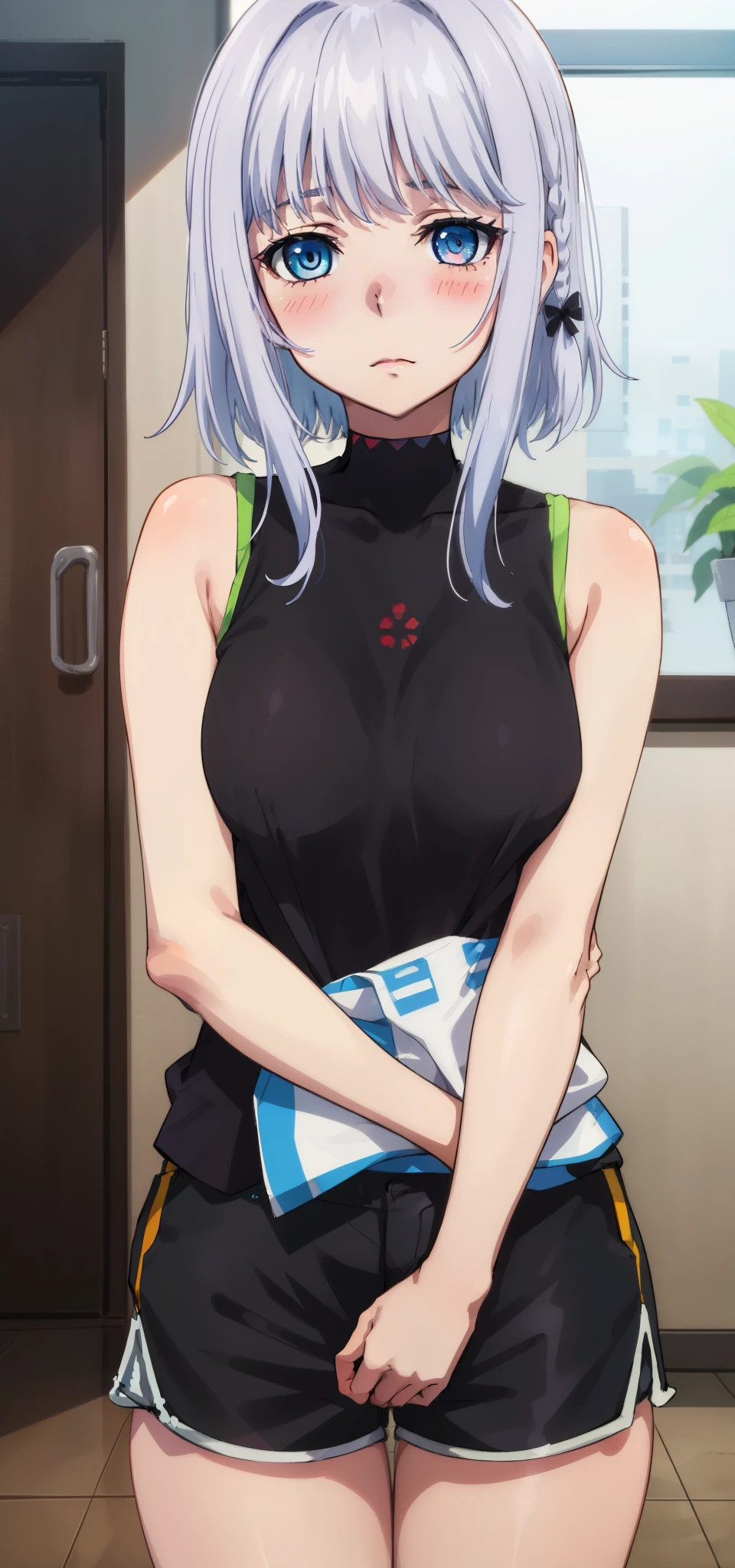 1 girl, kanon kanase, blush, medium breasts, sleeveless,((( shirts, shorts))), 20-year-old, healthy skin, closed mouth, (indoors), detailed eyes.