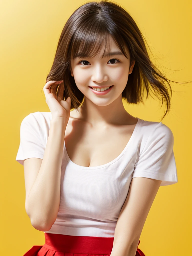 a gorgeous lady, age 21, white T-shirt and red mini-skirt, dimpled smile, short ponytail hair, natural pose, photorealistic, beautiful detailed eyes, ample round bosom, hyper-realism, high contrast, ultra HD, realistic skin textures, top image quality, top-quality, super high resolution, fine details, very meticulously, simple yellow background