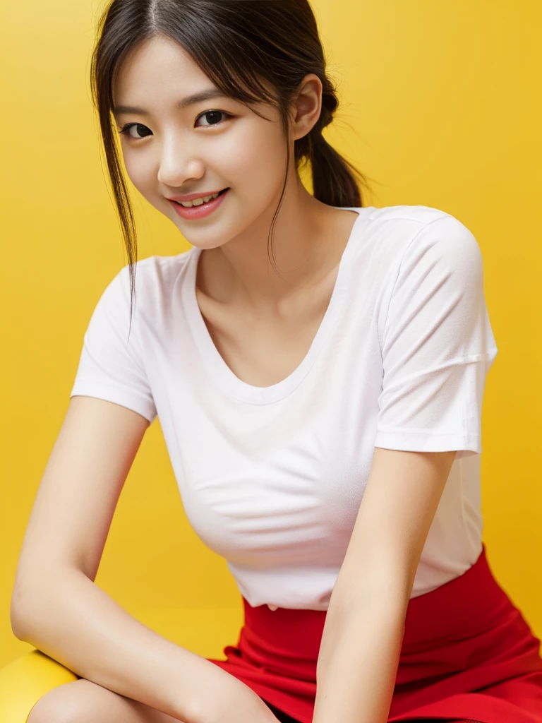 Best quality,masterpiece,ultra high res,(photorealistic:1.4),1girl, pretty, smile , orange short-sleeved T-shirt, in studio, pastel orange background,