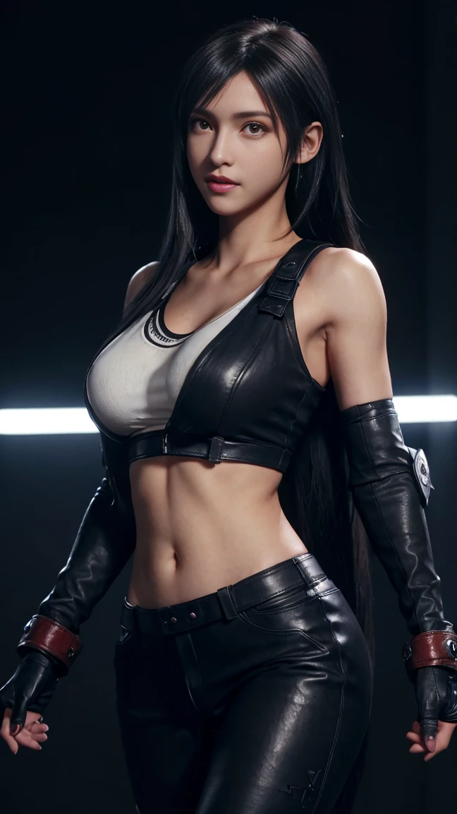 8K, Top Quality, Intricate Details, Ultra Detail, Ultra High Resolution, Masterpiece, close up shot, (full body: 1.1), Slender, Smile, (Makeup: 0.4), (walking), (Fluffy  Eyes: 1.21), ((bangs)), 1girl, solo, 1 girl, (((red eyes, black hair, bangs, long hair)), ((Tifa,Tifa･lockhart,Final Fantasy 7,FF7,l)), close up shot, , ((tall)), (((fit body))), (((slim face))), sharp face, ((leather suit,)) , (detailed face), sharp face, small lips, ( walking), walk pose, walking pose, 
 ((,  )), , ((,)), detailed face, detailed breast, large breast, (( )), detail ass, Narrow Waist, Skinny, tall , 175 cm tall, Muscular, Navel,  Abdomen, Pointed Chest,, Beautiful girl with accentuated slender abs: 1.4, Six Pack Abs: 1.4,, Perfect Body, detail leg, (( dark background)), black background,