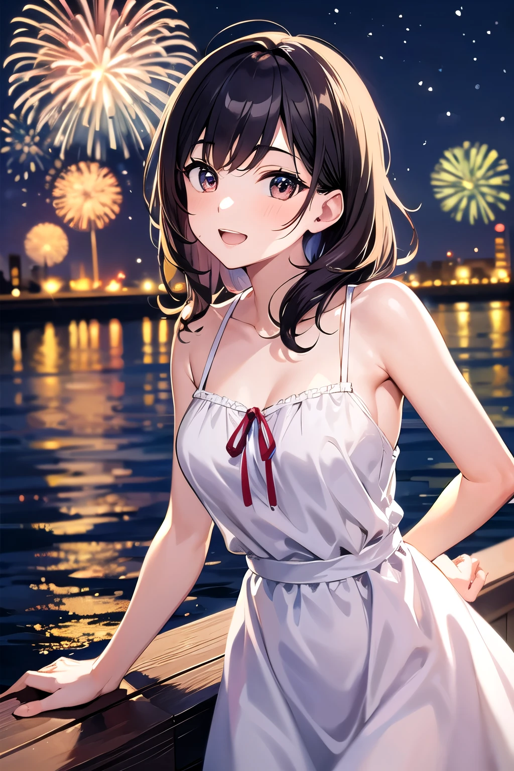 (masterpiece, Highest quality, detailed), One girl, alone, View your viewers, Francesca Lucchini, Sundress, White Dress, Sleeveless dress, Bare shoulders, firework, aerial firework, (chest squeezed together), (v Arms), Spaghetti Straps, night, night sky, City lights, chest, chestの谷間, Leaning forward, smile, Open your mouth