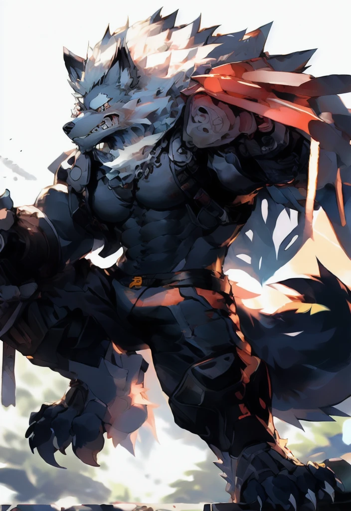 masterpiece,best quality,(1 boy:1.1),(Solitary:1.1),muscular male,Empty,8k HD,Extremely detailed,Detailed background,masterpiece,muscular,muscular anthro,grown up,(Looking at the audience:1.1),(single background:1.4), ::2],Solitary,Medium shot,whole body,
(langshu:1.3),Wolf Boy,beard,Thick eyebrows,Gray body,Wolf ears,White hair,Long hair,Wolf Tail,nail,author：(lindong:0.3),author：(null-ghost:0.7)