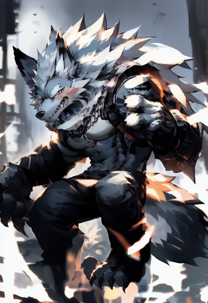 masterpiece,best quality,(1 boy:1.1),(Solitary:1.1),muscular male,Empty,8k HD,Extremely detailed,Detailed background,masterpiece,muscular,muscular anthro,grown up,(Looking at the audience:1.1),(single background:1.4), ::2],Solitary,Medium shot,whole body,
(langshu:1.3),Wolf Boy,beard,Thick eyebrows,Gray body,Wolf ears,White hair,Long hair,Wolf Tail,nail,author：(lindong:0.3),author：(null-ghost:0.7)