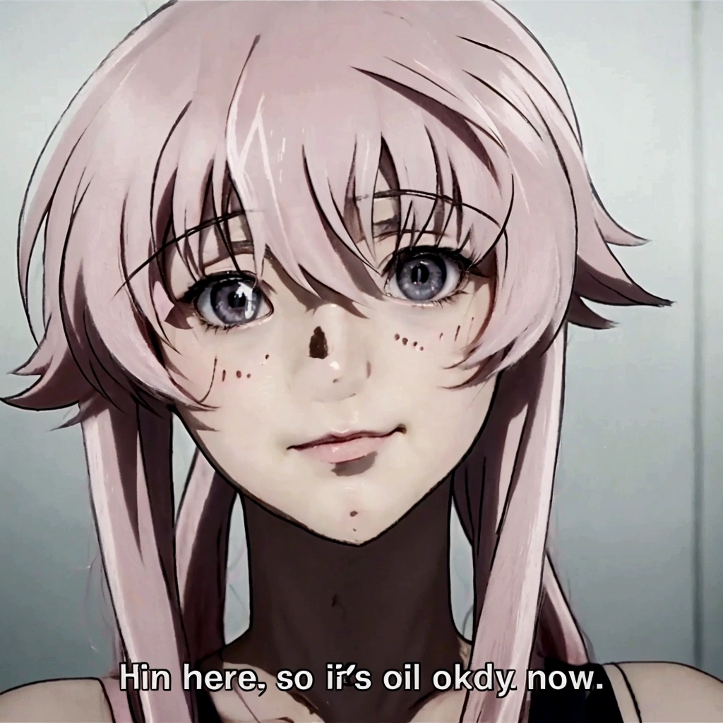 a closeup of a person with long hair and a pink wig, Mirai Nikki, Today&#39;s featured anime still., in an anime, rogue anime girl Gasai Yuno, Gasai Yuno, screenshot from a 2012 anime, tv anime frame, Gasai Yuno, Macro border, in the anime movie, she has a nice expressive face