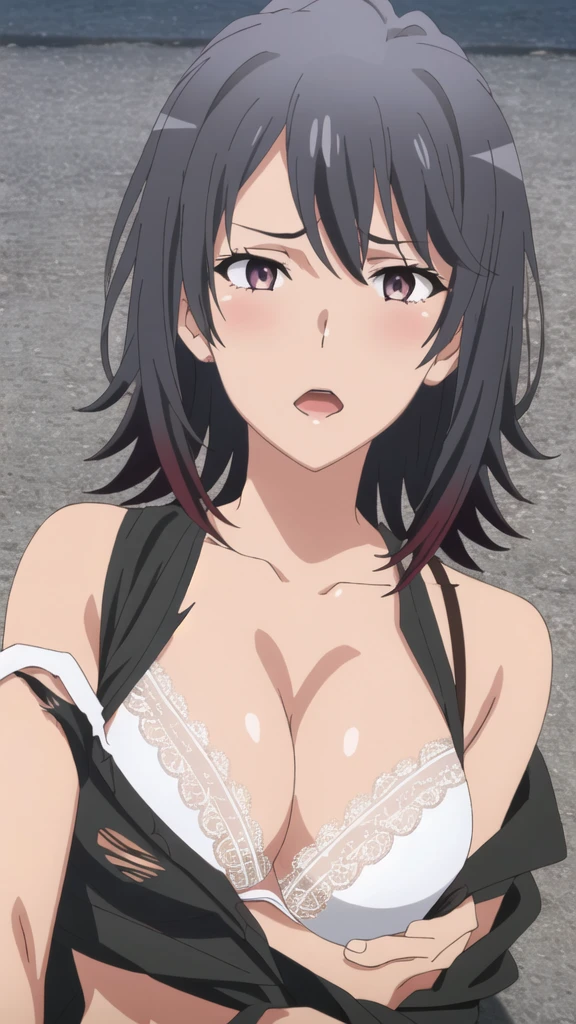 {Yukinoshita_Haruno_yahariorenoseishunlovecomewamachigatteiru:1.15},black hair, pink_eyes, , 1 girl,,alone, hair between eyes,(torn clothes,White , white lace bra:1.5),strong facial expression,(sharp eye:1.2),(scowl:1.3),, bare shoulders,, cleavage,thighhighs,short hair, ,,nsfw,(ecstasy:1.3) ,(slut:1.2),(vulgarity:1.3),(fucked silly:1.1),(steam:1.1),(wet:0.8),(trembling:0.8),(tears:0.7) ,(drooling:0.6),(sweat:0.8),(wince:1.2),(orgasm:1.5),,, ,
beautiful light, half eye closed, close up face, , beautiful upper body, Beautiful body, beautiful character design, perfect eyes, Perfect face, expressive eyes, looking at the viewer,(lie on road),in the center of the image, official art,High Definition CG Unity, Perfect lit, bright_front_face_lit, ,(Highest_quality:1.0),4K,Super detailed, photograph, 8K, nsfw, High resolution, absurdes:1.2, kodak portrait 400, film grain, Lens flare, (lively_Farbe:1.2) (beautiful,medium breasts:1.4), (beautiful_face:1.3),(narrow_waist),blush, ((detail nipple)),,