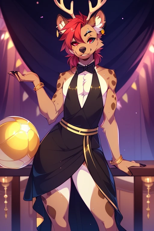((sfw)) Solo, A cute anthro, (((half hyena half deer))), male, (cute snout:1.2) full body, ((by hyattlen, by fumiko, ((by zackary, by fumiko)), solo, anthro, male deer, deer antlers, Bright brown fur body, ((brown ears)), red hair, mullet, detailed eyes, (heterochromatic eyes), diferent color eyes, one red eye and one green eye, bright white neck, dark hyena spots, white fawn spots, white chest, perfect drawn tail, hyena arms, hyena paws, soft and warm chest, verry fluffy body, smirk, toned body, great anatomy, femboy jock, big ass, thick thighs, looking at the viwer, bedroom eyes, half lidded eyes, well drawn hands, wearing a sexy and elegant party dress, elegant and sexy dress, sheath style dress, long straight skirt, thigh slit, black dress, man in dress, elegant pose, make-up, earrings, eyebrow piercing, good anatomy, detail, elegance, opulence, ball, party, fancy party, (full body), black and gold color scheme, black tie event,
