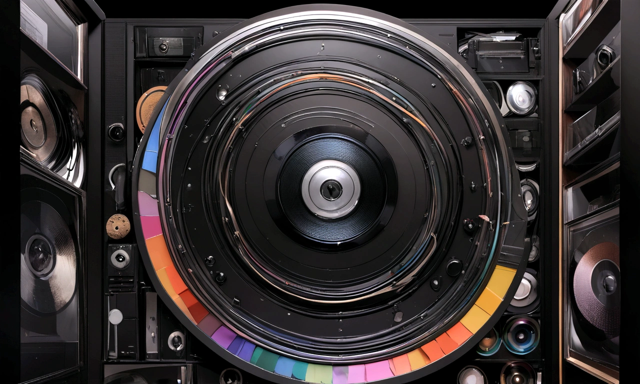 Design professional photos,flat Black background, Shelf with cassettes and vinyl discs ((Black background)) Multi-coloured cover that captures the spirit of the music