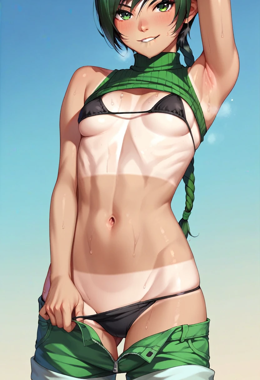 score_9, score_8_up, score_7_up, score_6_up, score_5_up, score_4_up, highest_quality, masterpiece, yuffie kisaragi, midriff, tan short shorts, small breasts, black bikini, shorts unzipped, tan, bikini tanlines, pulling shorts down, biting lip, sweaty