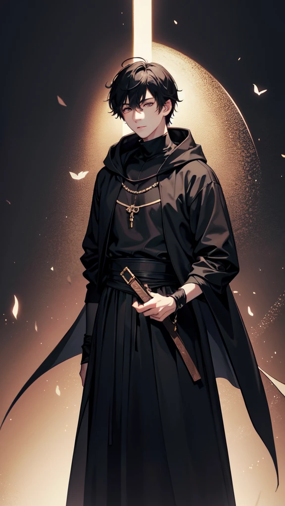 first-class、high resolution、high contrast、 (best illumination、very delicate and beautiful)、One young man、male、A man wearing a black hoodie、The face is hidden、suspicious、Less exposure、whole body、Are standing, wearing medieval outfit、anime style, ruinscape background
