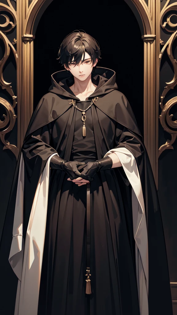 first-class、high resolution、high contrast、 (best illumination、very delicate and beautiful)、One young man、male、A man wearing a black hoodie、The face is hidden、suspicious、Less exposure、whole body、Are standing, wearing medieval outfit、anime style, ruinscape background 