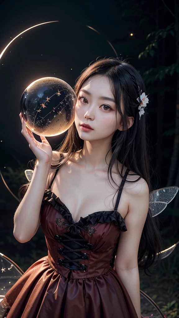 Photograph, closeup, painting of a beautiful attractive slender Chinese woman, long wavy black hair, black eyes, vintage glasses, v-neck Victorian dress, maple-colored bodice with black laces, red skirt, white gloves, transparent fairy wings, magic sphere of fire, background a night sky with a crescent moon and fireflies cherry trees forest
