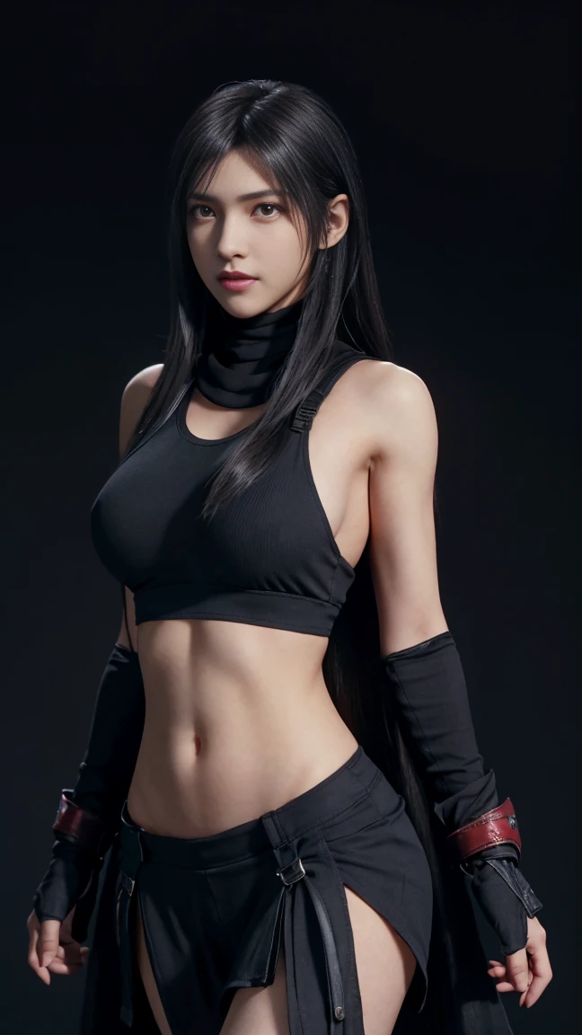 8K, Top Quality, Intricate Details, Ultra Detail, Ultra High Resolution, Masterpiece, close up shot, (full body: 1.1), Slender, Smile, (Makeup: 0.4), (walking), (Fluffy  Eyes: 1.21), ((bangs)), 1girl, solo, 1 girl, (((red eyes, black hair, bangs, long hair)), ((Tifa,Tifa･lockhart,Final Fantasy 7,FF7,l)), close up shot, , ((tall)), (((fit body))), (((slim face))), sharp face, ((abaya, hijab, head cover)) , (detailed face), sharp face, small lips, ( walking), walk pose, walking pose, 
 ((,  )), , ((,)), detailed face, detailed breast, large breast, huge breast, (( )), detail ass, Narrow Waist, Skinny, tall , 175 cm tall, Muscular, Navel,  Abdomen, Pointed Chest,, Beautiful girl with accentuated slender abs: 1.4, Six Pack Abs: 1.4,, Perfect Body, detail leg, (( dark background)), black background,