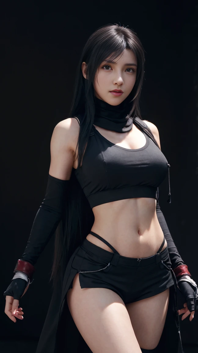 8K, Top Quality, Intricate Details, Ultra Detail, Ultra High Resolution, Masterpiece, close up shot, (full body: 1.1), Slender, Smile, (Makeup: 0.4), (walking), (Fluffy  Eyes: 1.21), ((bangs)), 1girl, solo, 1 girl, (((red eyes, black hair, bangs, long hair)), ((Tifa,Tifa･lockhart,Final Fantasy 7,FF7,l)), close up shot, , ((tall)), (((fit body))), (((slim face))), sharp face, ((abaya, hijab, head cover)) , (detailed face), sharp face, small lips, ( walking), walk pose, walking pose, 
 ((,  )), , ((,)), detailed face, detailed , large , , (( )), detail , Narrow Waist, Skinny, tall , 175 cm tall, Muscular, Navel, Exposed Abdomen, Pointed ,, Beautiful girl with accentuated slender abs: 1.4, Six Pack Abs: 1.4,, Perfect Body, detail leg, (( dark background)), black background,